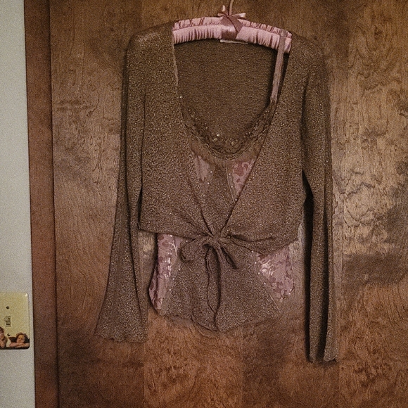 Great For Holidays 2 Piece Tie Cardigan w/Rabbit Fur Trim Camisole Top Medium - Picture 2 of 16